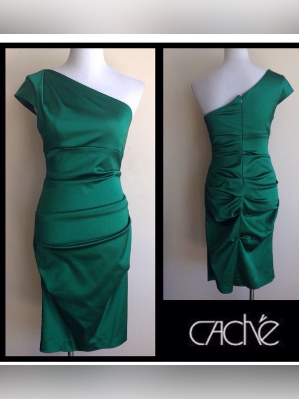 Cache One-Shoulder Emerald Green Satin Dress Y2K evening ruched ruching gathered